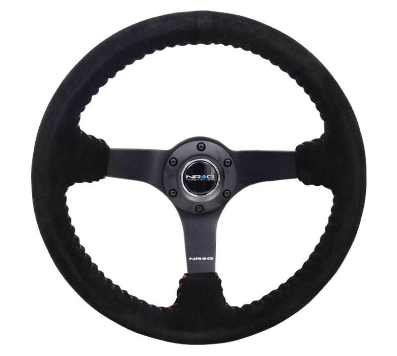 NRG Reinforced Steering Wheel (350mm / 3in. Deep) Blk Suede/Red BBall Stitch w/5mm Matte Blk Spokes