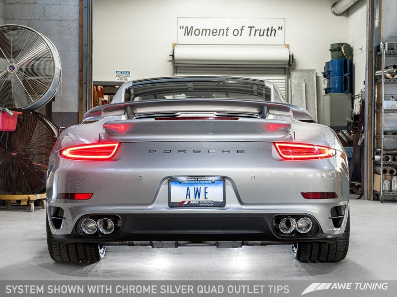 AWE Tuning Porsche 991.1 Turbo Performance Exhaust and High-Flow Cats - Silver Quad Tips
