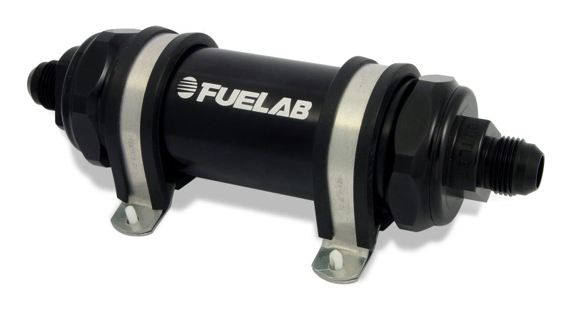 Fuelab 828 In-Line Fuel Filter Long -6AN In/-10AN Out 100 Micron Stainless - Black