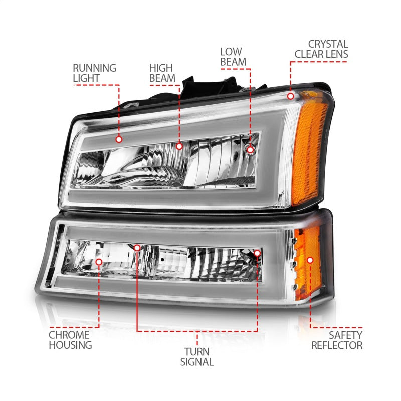 ANZO 2003-2006 Chevrolet Silverado 1500 Crystal Headlights w/ Light Bar Chrome Housing