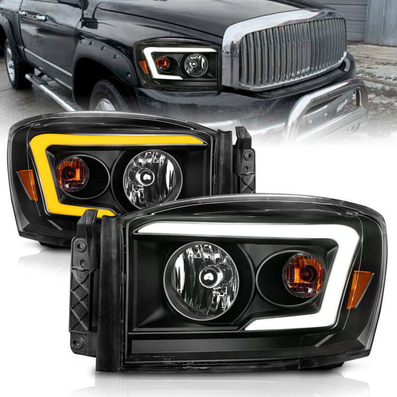 Anzo 06-09 Dodge RAM 1500/2500/3500 Headlights Black Housing/Clear Lens (w/Switchback Light Bars)