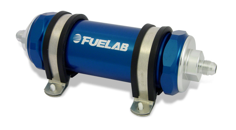 Fuelab 828 In-Line Fuel Filter Long -12AN In/-8AN Out 100 Micron Stainless - Blue