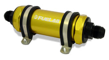 Load image into Gallery viewer, Fuelab 828 In-Line Fuel Filter Long -8AN In/-10AN Out 100 Micron Stainless - Gold