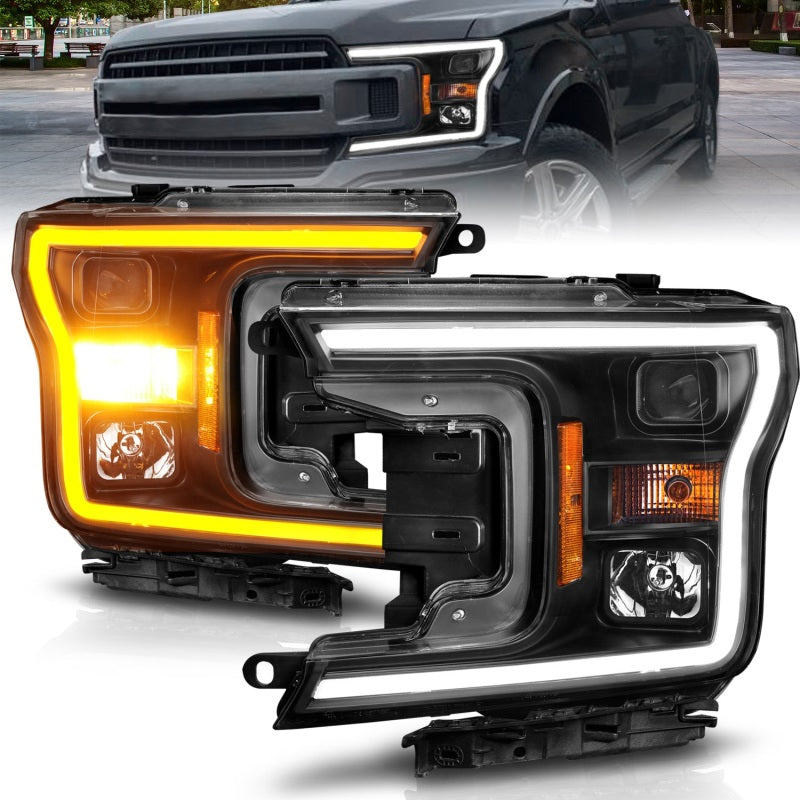 ANZO 2018-2020 Ford F-150 Projector Headlight w/ Plank Style Switchback Black Housing