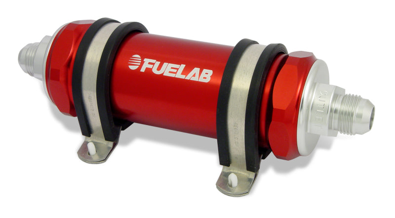 Fuelab 828 In-Line Fuel Filter Long -8AN In/-10AN Out 100 Micron Stainless - Red