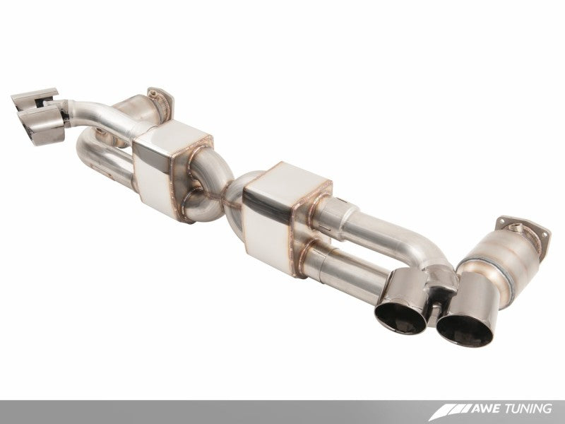 AWE Tuning Porsche 991.1 Turbo Performance Exhaust and High-Flow Cats - Silver Quad Tips