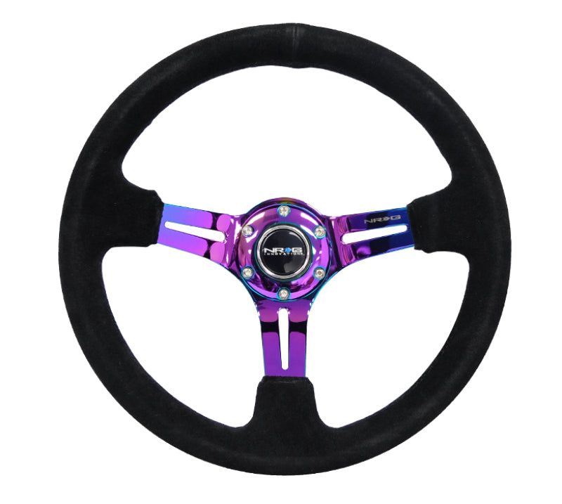 NRG Reinforced Steering Wheel (350mm / 3in. Deep) Blk Suede/Blk Stitch w/Neochrome Slits